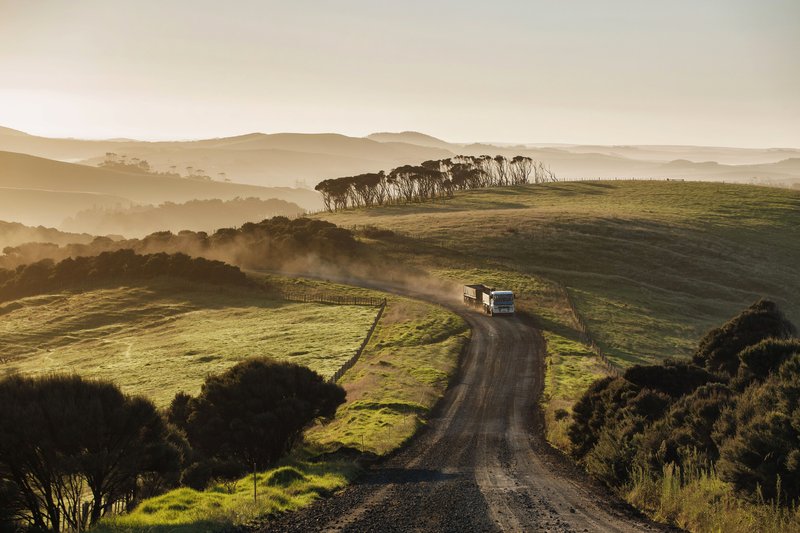 A truck on a rural road through Australian farmland at first light